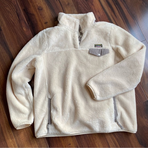 LL Bean High Pile Fleece Snap Pocket Pullover Sweater XL Katahdin Logo Cream - Picture 1 of 9